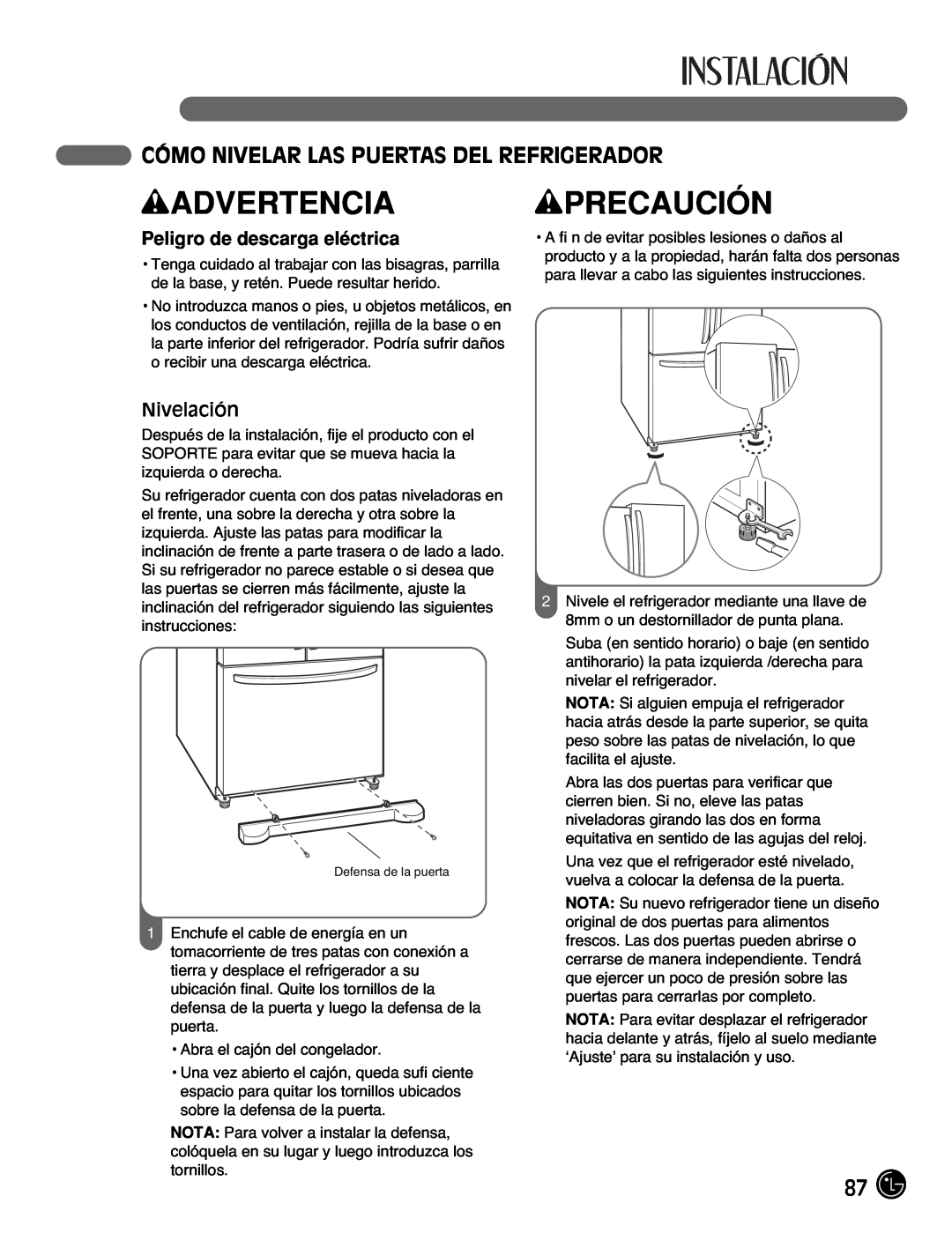 LG Electronics LFC25770, LFC21770 manual Cómo Nivelar Las Puertas Del Refrigerador, Nivelación, wADVERTENCIA, wPRECAUCIÓN 