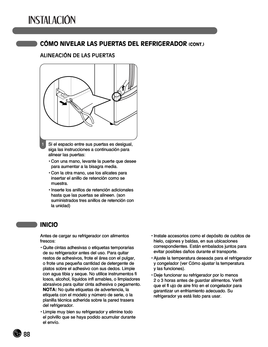 LG Electronics LFC21770, LFC25770 manual Cómo Nivelar Las Puertas Del Refrigerador Cont, Inicio, Alineación De Las Puertas 