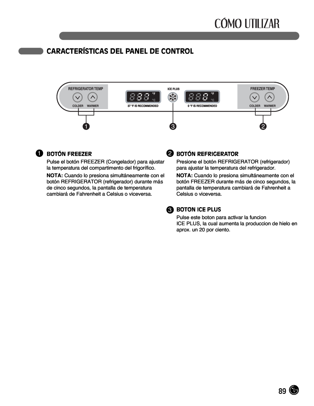 LG Electronics LFC25770 manual Características Del Panel De Control, 1 BOTÓN FREEZER, 3BOTON ICE PLUS, 2 BOTÓN REFRIGERATOR 