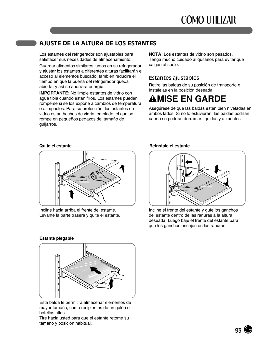 LG Electronics LFC25770, LFC21770 manual Ajuste De La Altura De Los Estantes, Estantes ajustables, wMISE EN GARDE 