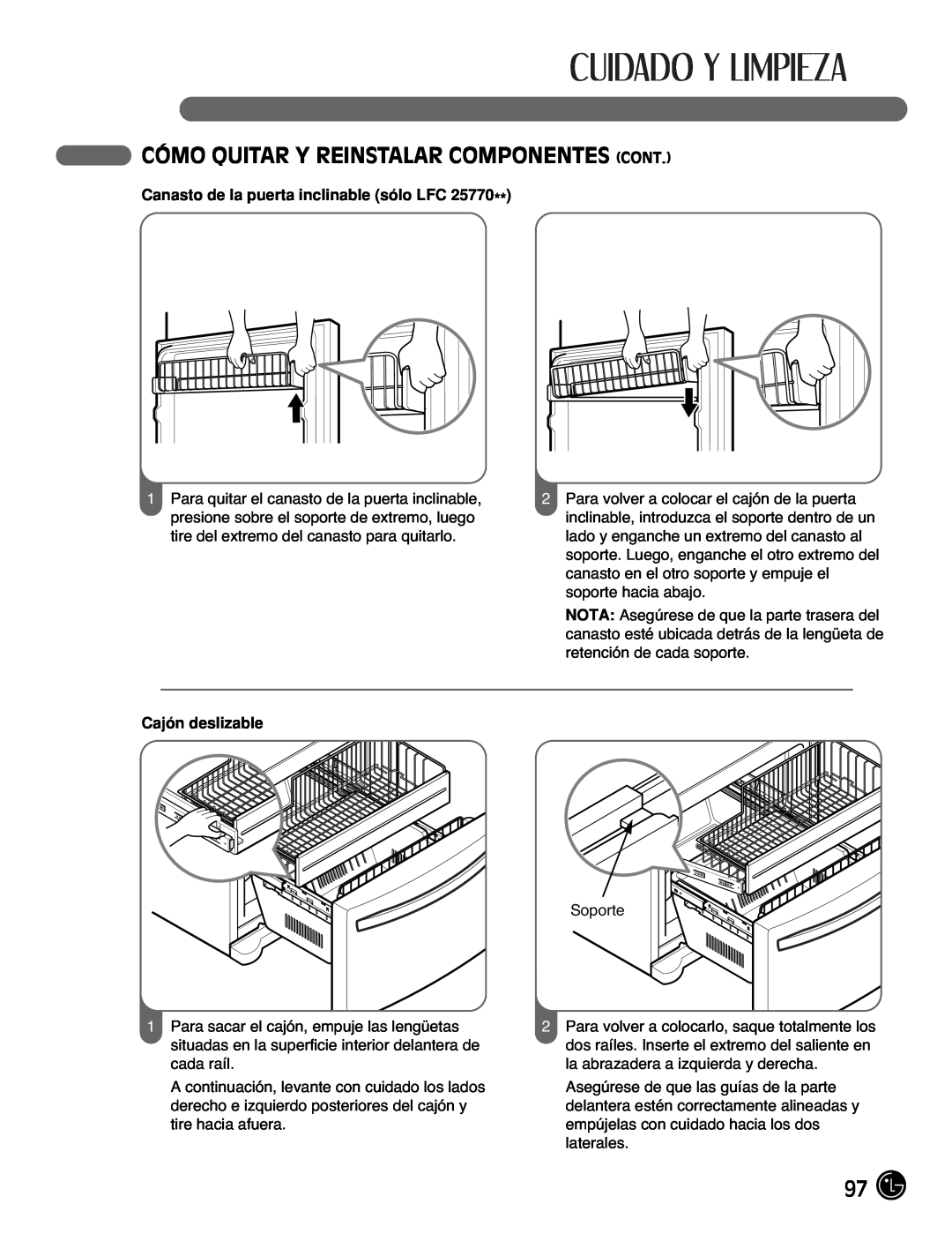 LG Electronics LFC25770, LFC21770 manual Cómo Quitar Y Reinstalar Componentes Cont, Canasto de la puerta inclinable sólo LFC 