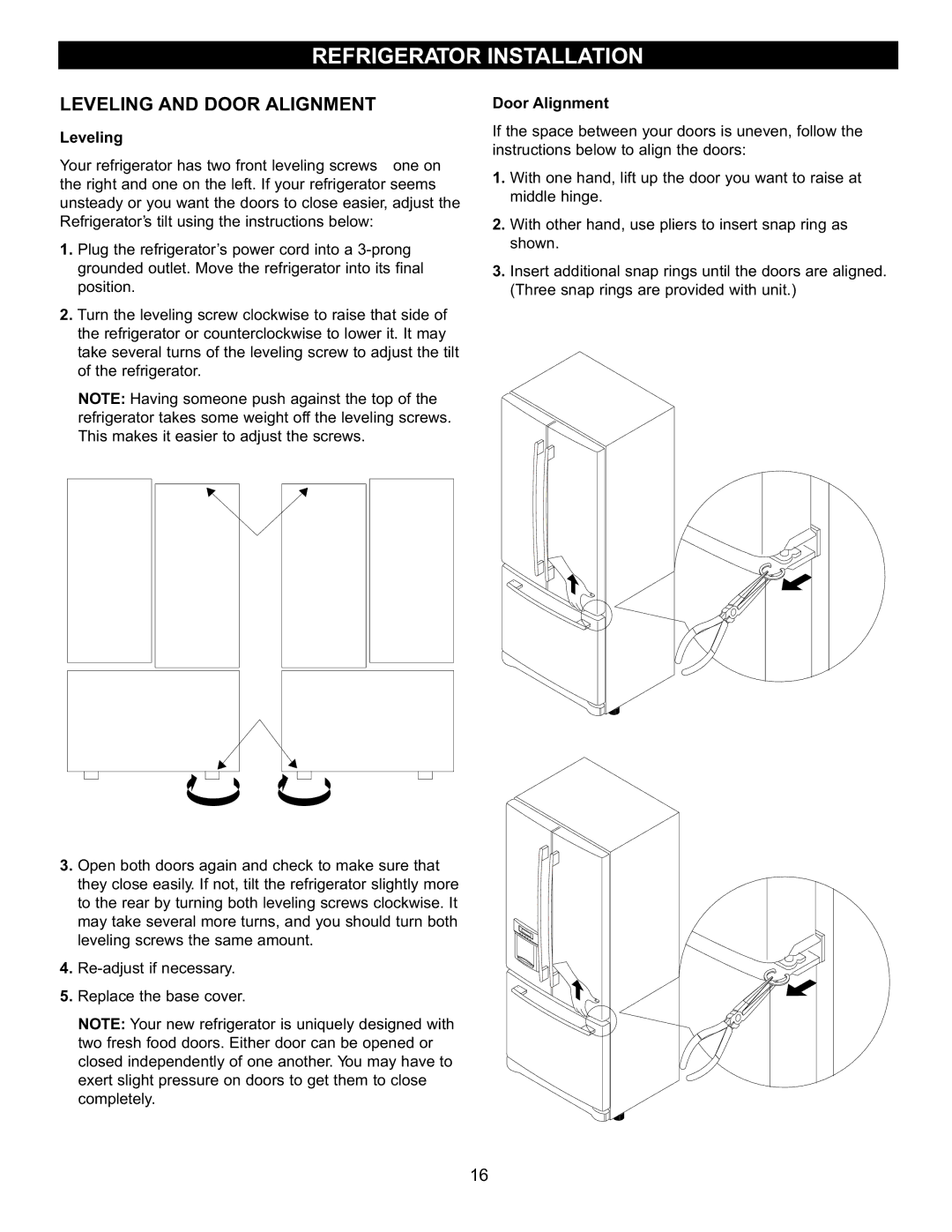 LG Electronics LFC22740, LFC20740 owner manual Leveling and Door Alignment 