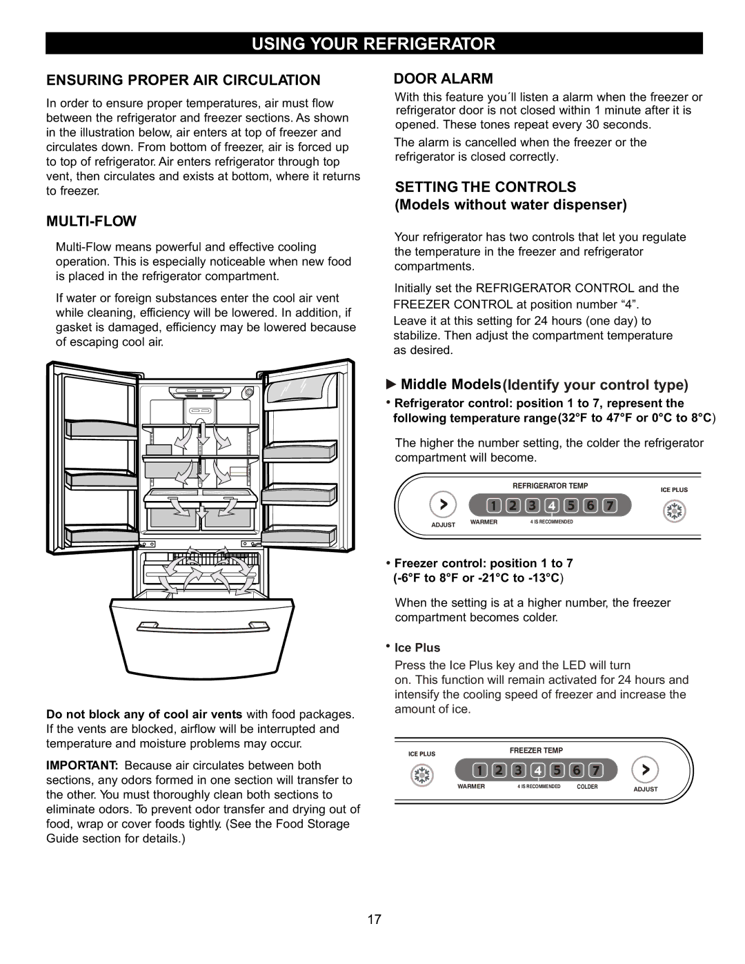 LG Electronics LFC20740, LFC22740 Using Your Refrigerator, Ensuring Proper AIR Circulation, Multi-Flow, Door Alarm 