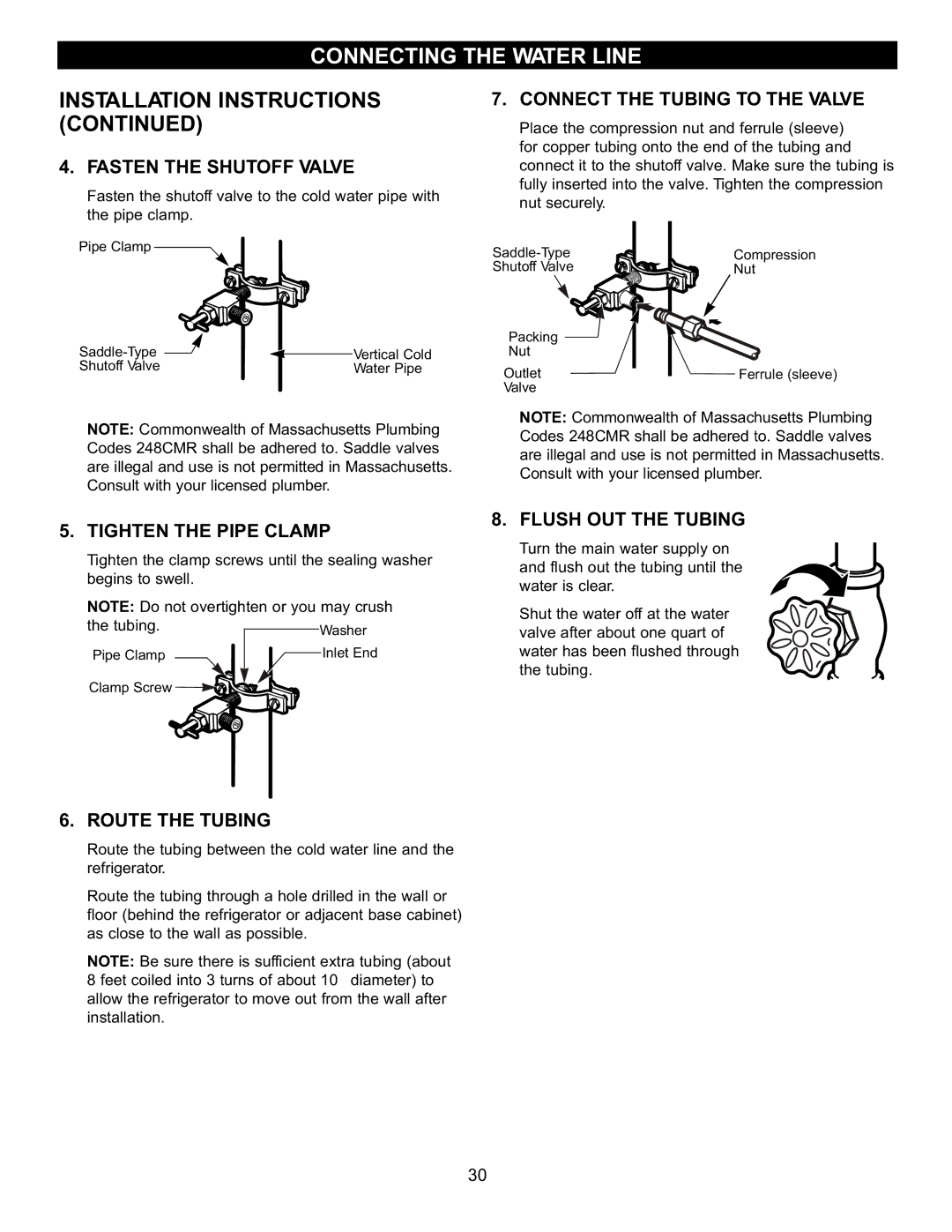 LG Electronics LFC22740, LFC20740 Fasten the Shutoff Valve, Connect the Tubing to the Valve, Tighten the Pipe Clamp 