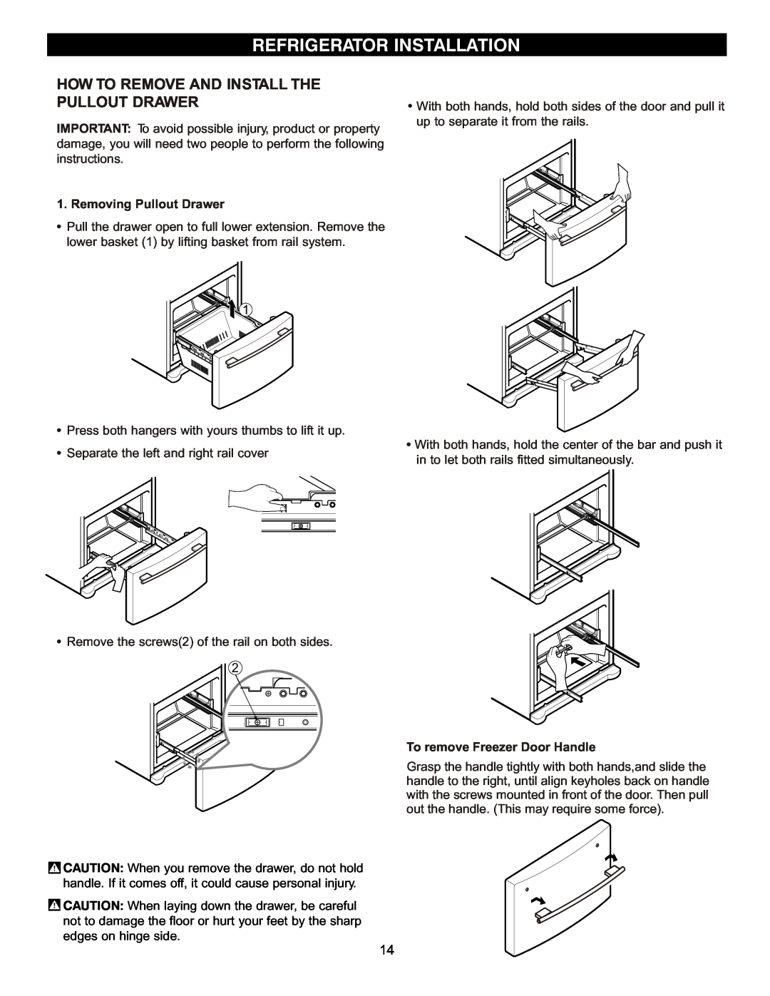 LG Electronics LFC22740 How To Remove And Install The Pullout Drawer, Removing Pullout Drawer, Refrigerator Installation 