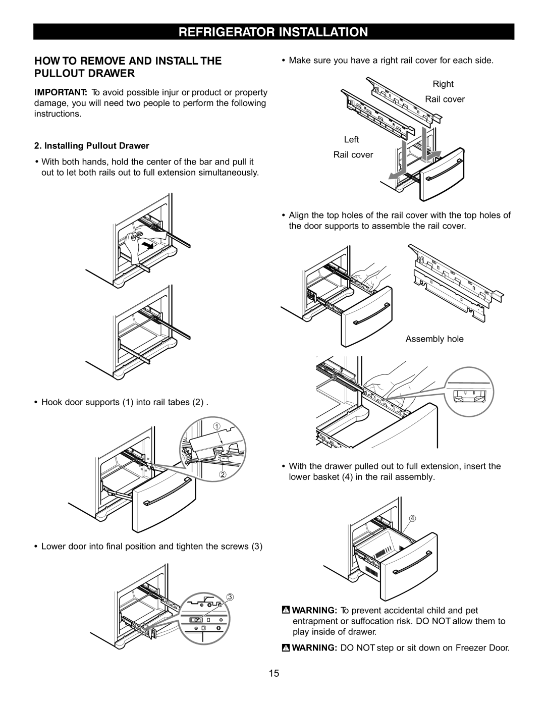 LG Electronics LFC20740 How To Remove And Install The Pullout Drawer, Installing Pullout Drawer, Refrigerator Installation 