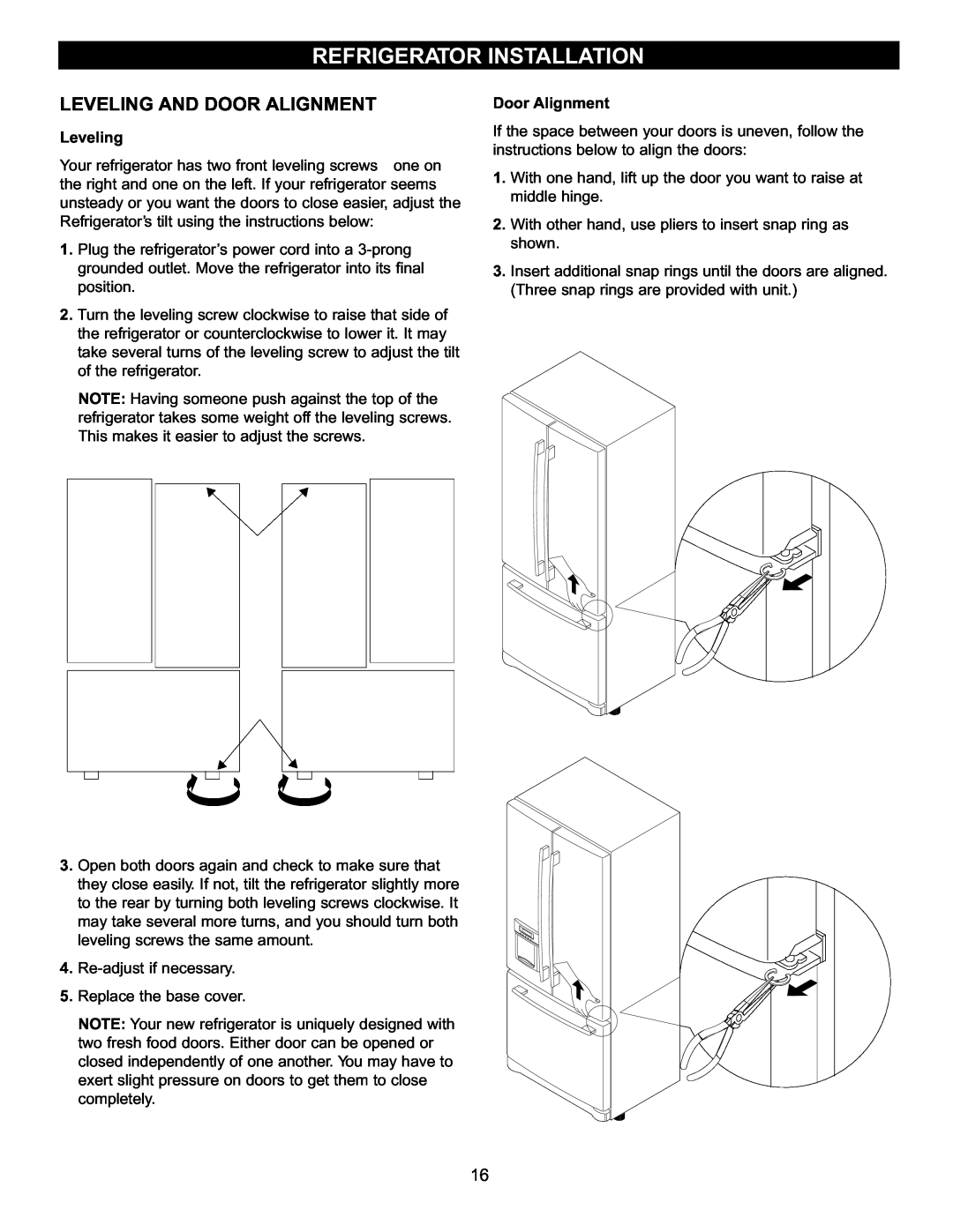 LG Electronics LFC22740, LFC20740 owner manual Leveling And Door Alignment, Refrigerator Installation 