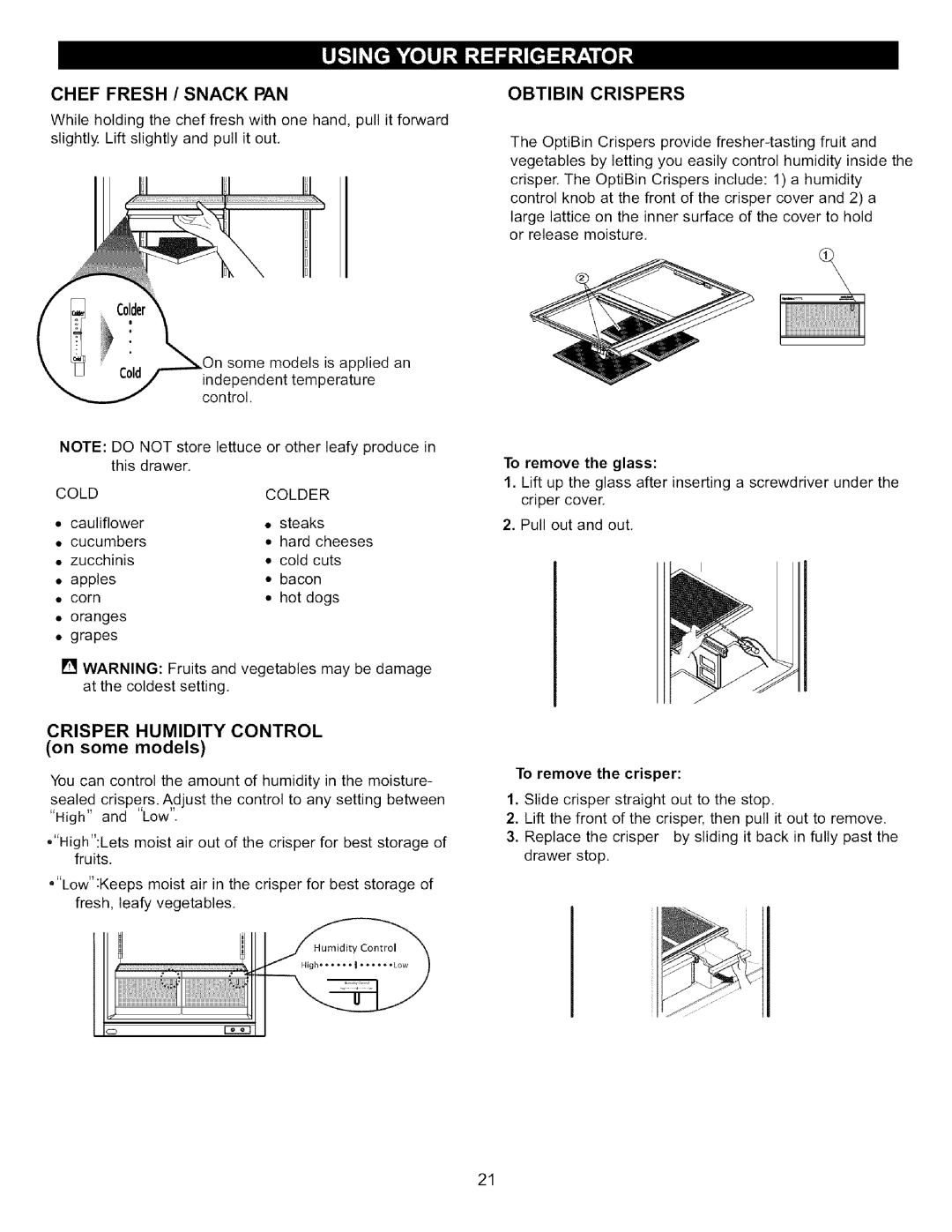 LG Electronics LFC22760 manual Chef Fresh / Snack PAN, Obtibin Crispers, Crisper Humidity Control, On some models 