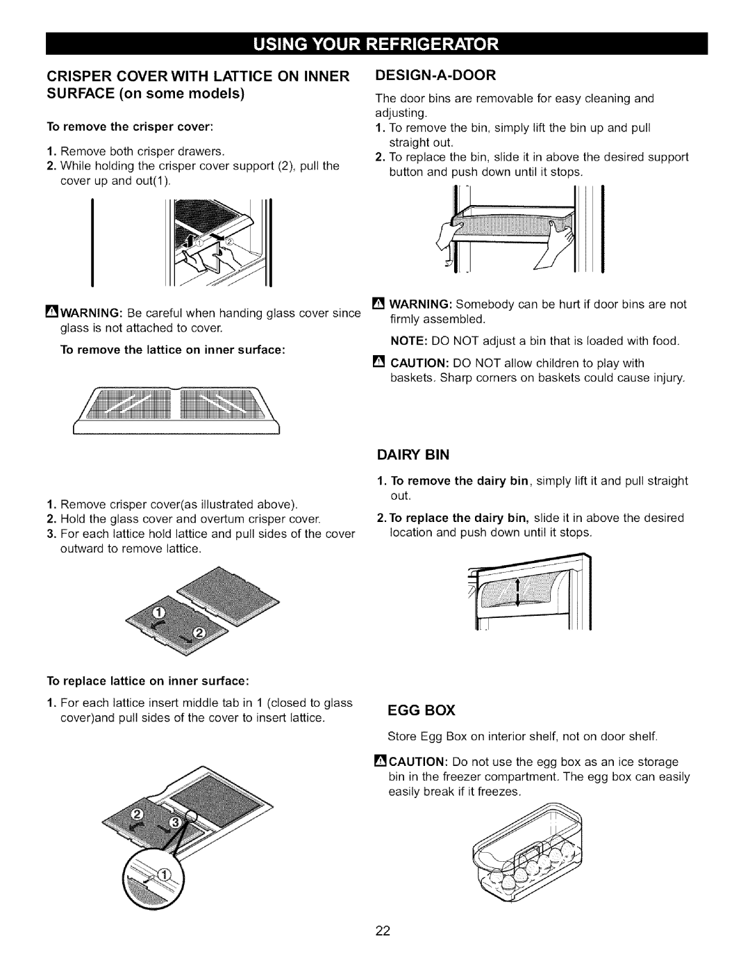 LG Electronics LFC22760 Crisper Cover with Lattice on Inner, Surface on some models, Design-A-Door, Dairy BIN, Egg Box 