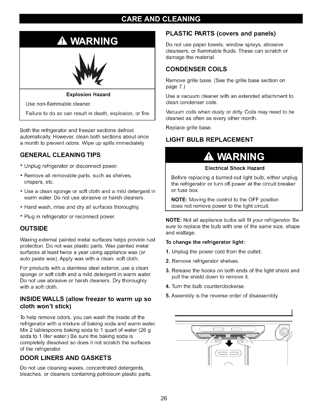 LG Electronics LFC22760 manual General Cleaning Tips, Outside, Condenser Coils, Light Bulb Replacement 