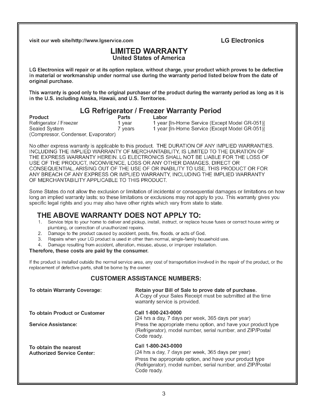 LG Electronics LFC22760 manual LG Electronics, Customer, Assistance Numbers, Product Parts Labor 