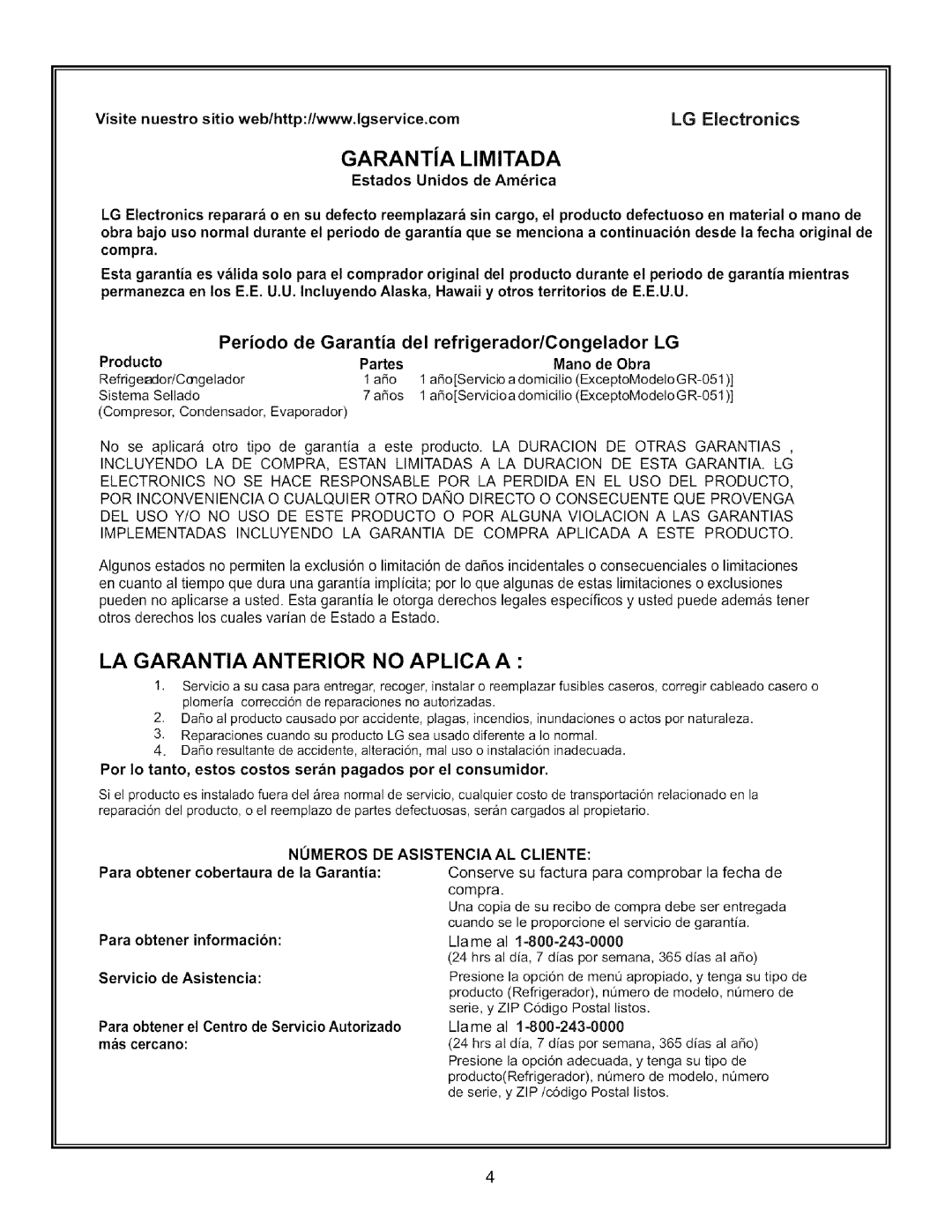 LG Electronics LFC22760 Periodo de Garantia del refrigerador/Congelador, Estados Unidos de Am6rica, Partes Mano de Obra 