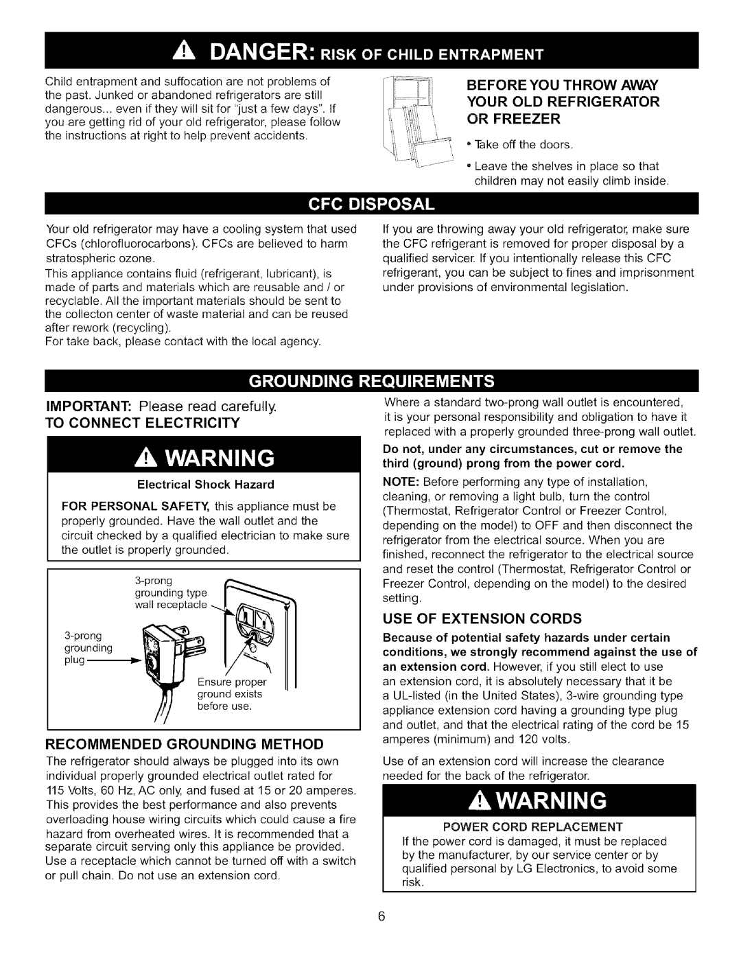 LG Electronics LFC22760 manual To Connect Electricity, Recommended Grounding Method, USE of Extension Cords 