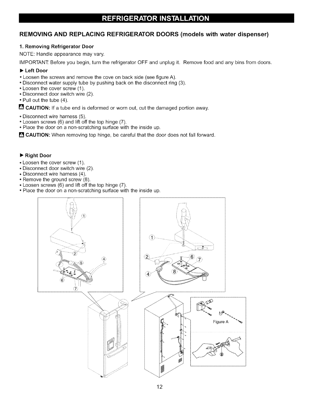 LG Electronics LFC22760 manual Removing Refrigerator Door, •Left Door, •Right Door 