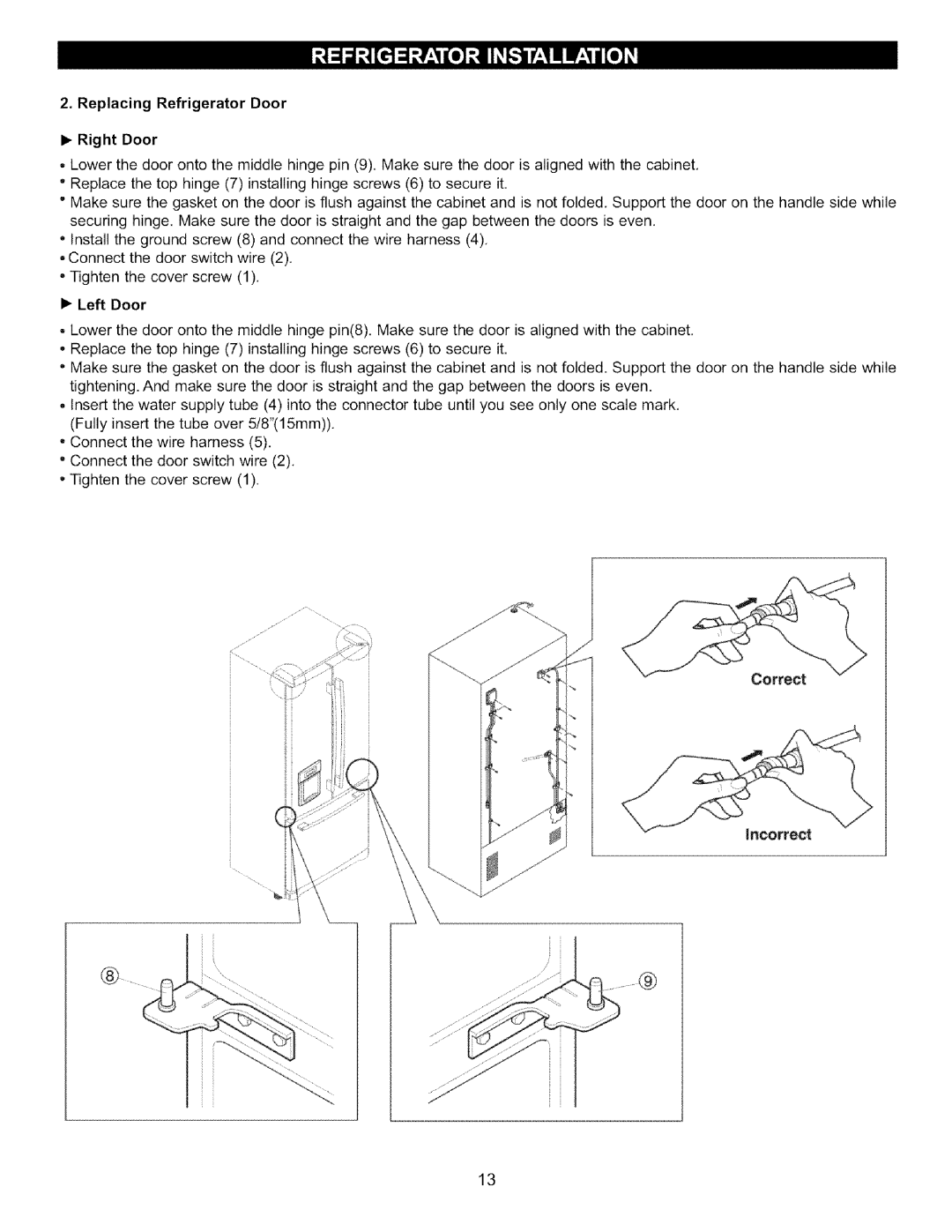 LG Electronics LFC22760 manual • Left Door, Correct, Replacing Refrigerator Door •Right Door 