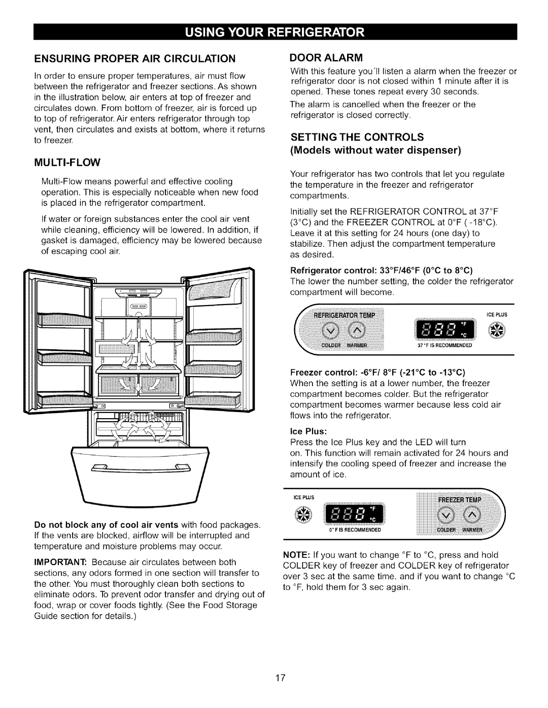 LG Electronics LFC22760 manual Ensuring Proper Air Circulation, Multi-Flow, Door Alarm, Setting The Controls 
