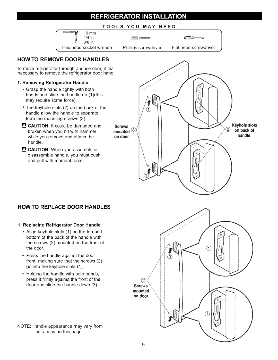 LG Electronics LFC22760 manual Tools, Howto Remove Door Handles, Howto Replace Door Handles, You May, on door, handle 
