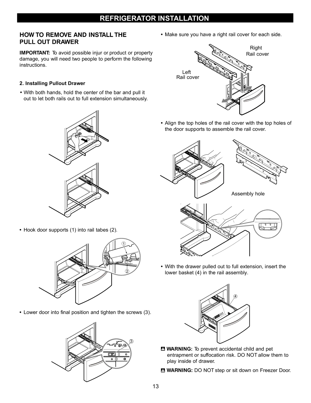 LG Electronics LFC23760 owner manual HOW to Remove and Install Pull OUT Drawer, Installing Pullout Drawer 