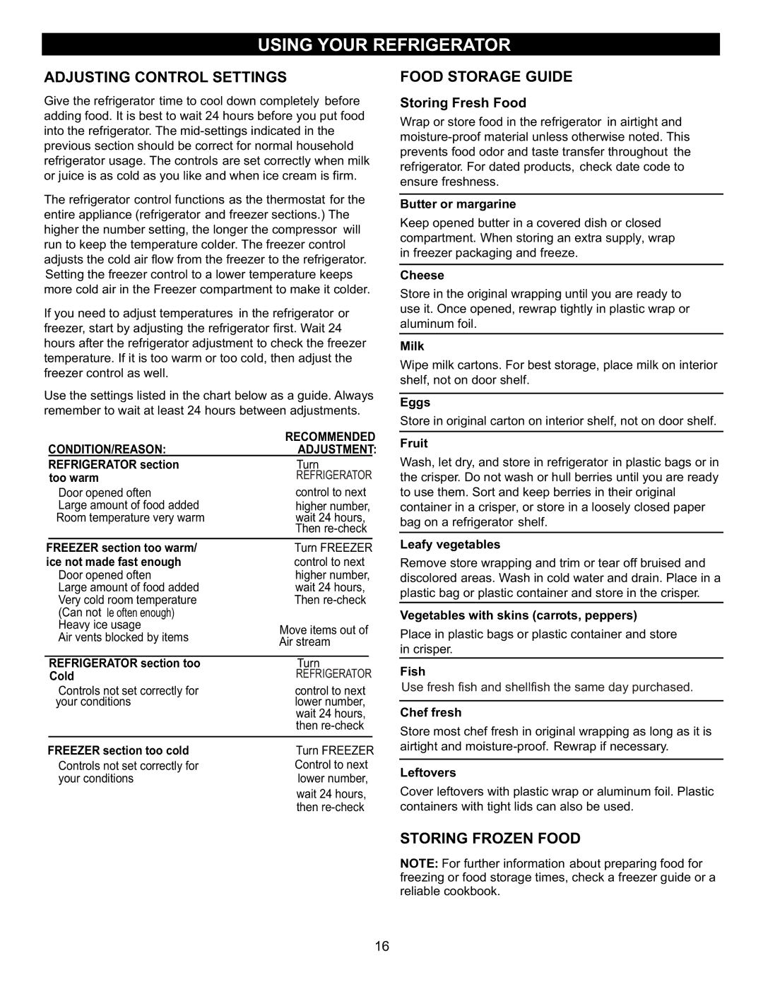 LG Electronics LFC23760 owner manual Adjusting Control Settings, Food Storage Guide, Storing Frozen Food 