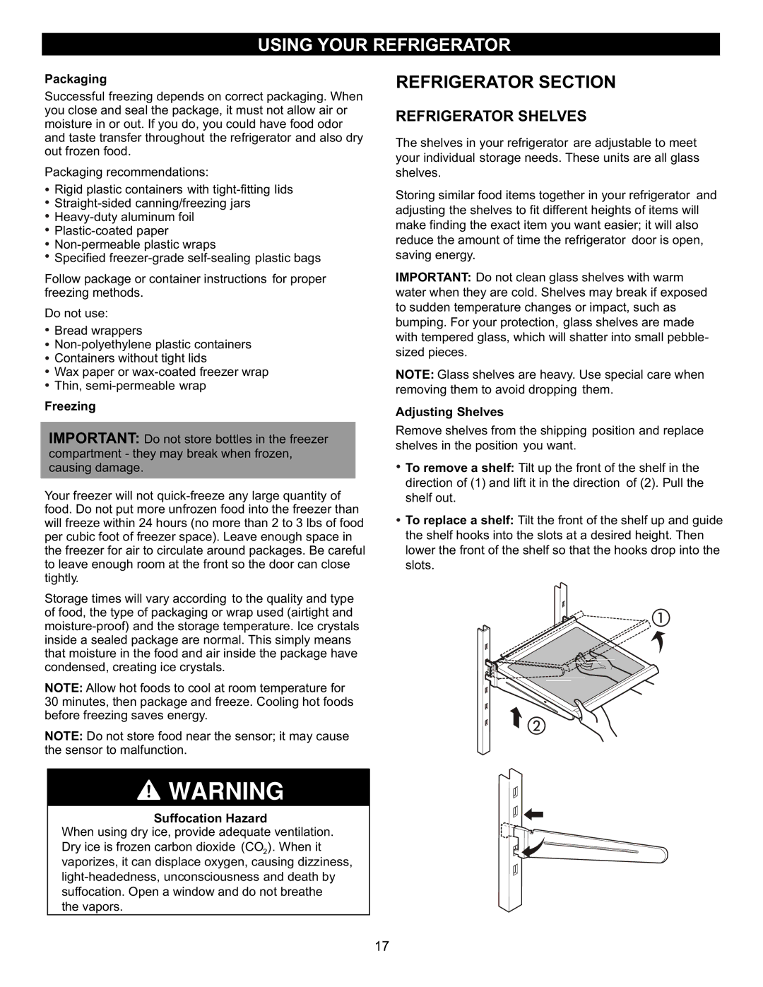 LG Electronics LFC23760 owner manual Refrigerator Shelves, Packaging, Freezing, Suffocation Hazard, Adjusting Shelves 