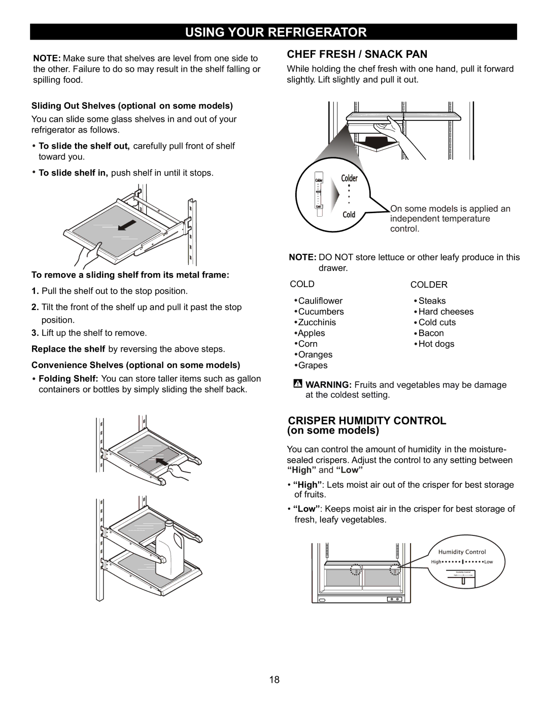 LG Electronics LFC23760 owner manual Chef Fresh / Snack PAN, Crisper Humidity Control on some models 