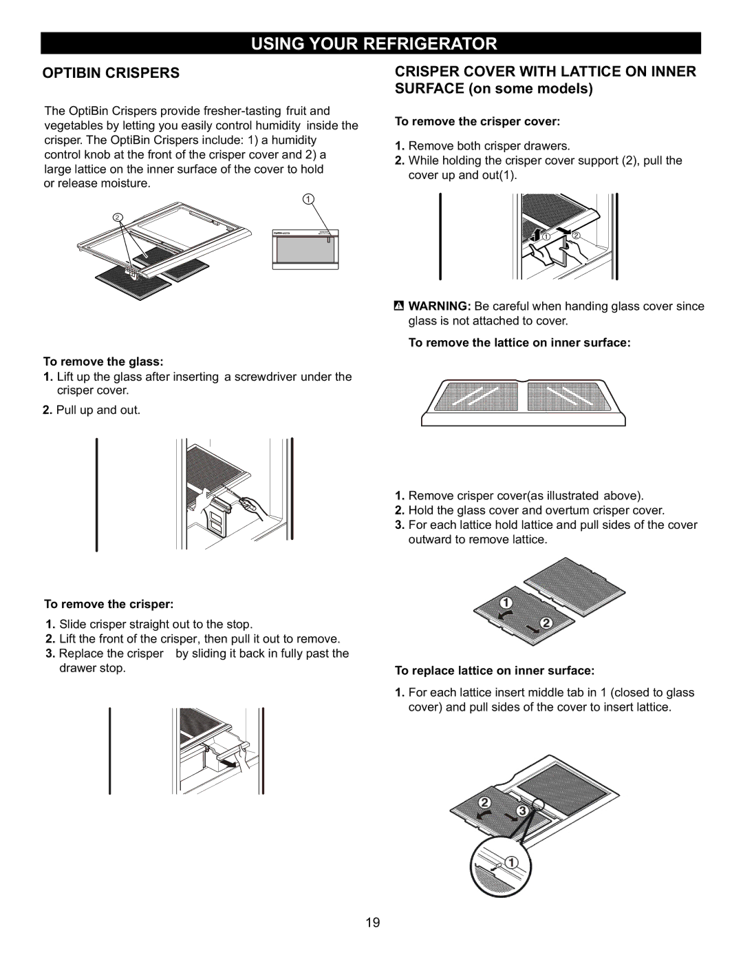 LG Electronics LFC23760 owner manual Optibin Crispers, Crisper Cover with Lattice on Inner, Surface on some models 