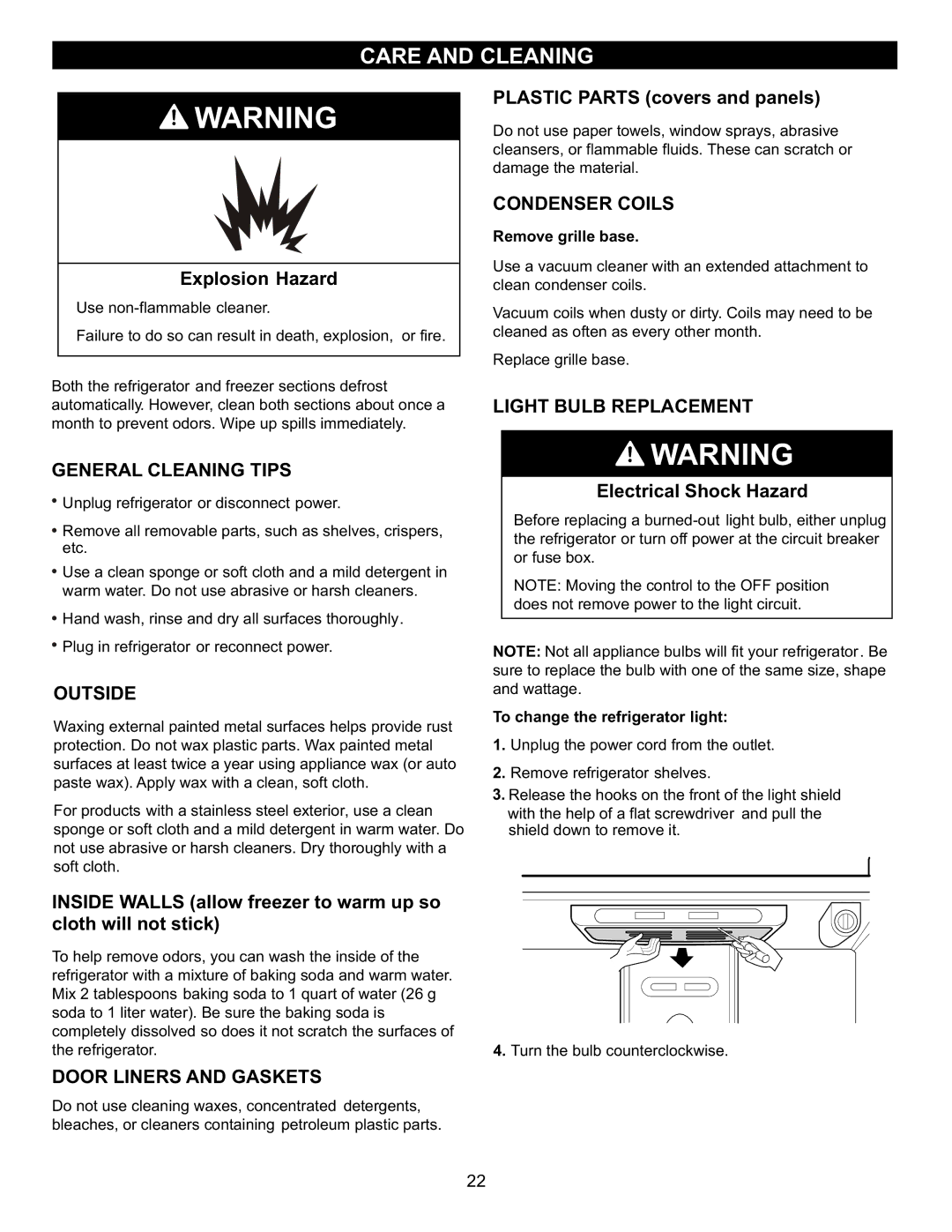 LG Electronics LFC23760 Care and Cleaning, Condenser Coils, Light Bulb Replacement General Cleaning Tips, Outside 