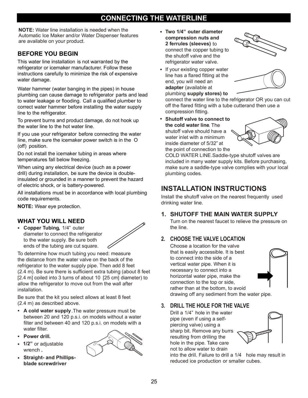 LG Electronics LFC23760 owner manual Connecting the Waterline, Shutoff the Main Water Supply, Choose the Valve Location 