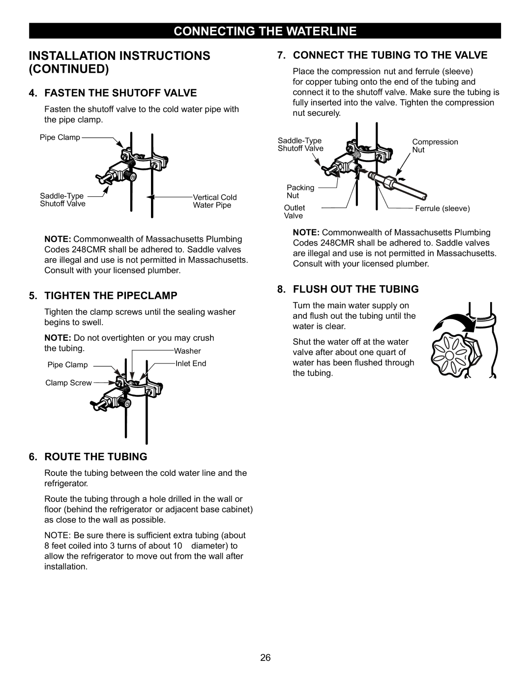 LG Electronics LFC23760 Fasten the Shutoff Valve, Connect the Tubing to the Valve, Tighten the Pipeclamp, Route the Tubing 