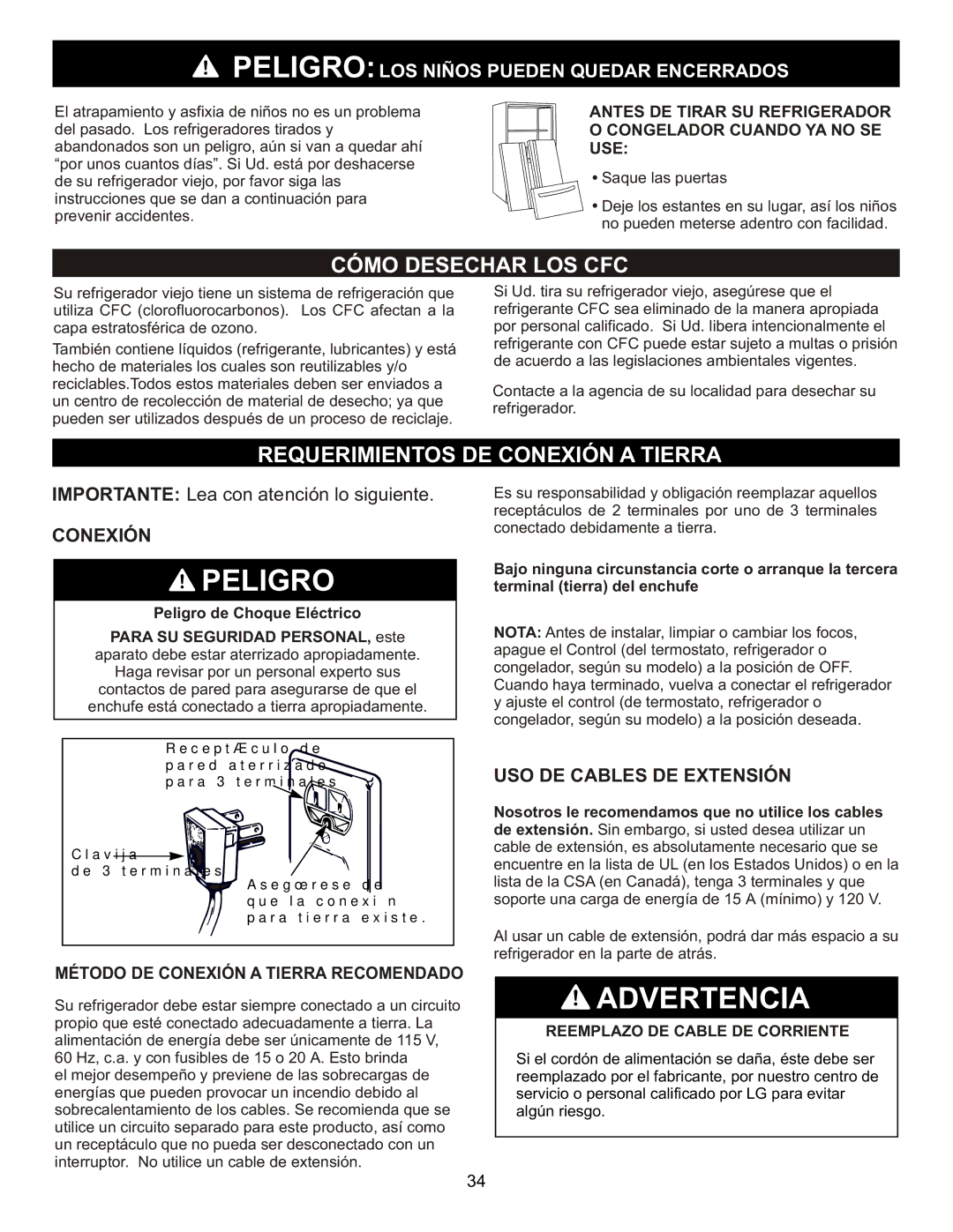 LG Electronics LFC23760 owner manual Cómo Desechar LOS CFC, Requerimientos DE Conexión a Tierra, USO DE Cables DE Extensión 