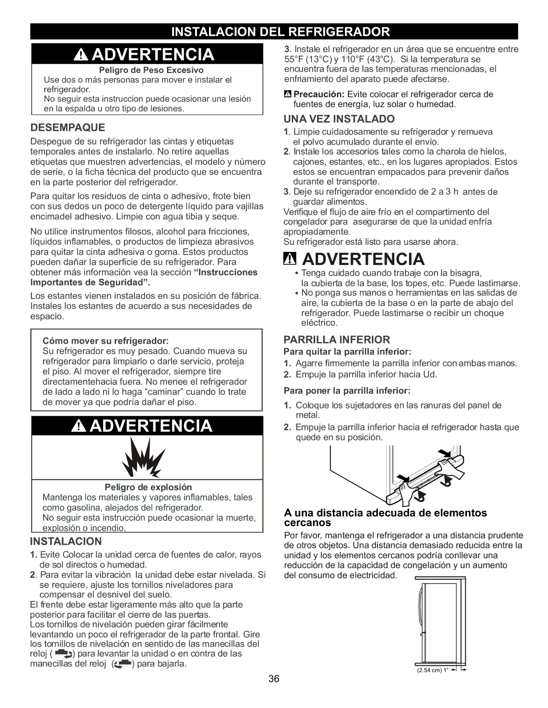 LG Electronics LFC23760 owner manual Instalacion DEL Refrigerador, Desempaque, UNA VEZ Instalado, Parrilla Inferior 