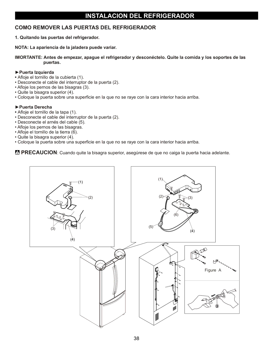 LG Electronics LFC23760 owner manual Como Remover LAS Puertas DEL Refrigerador, Puerta Derecha 