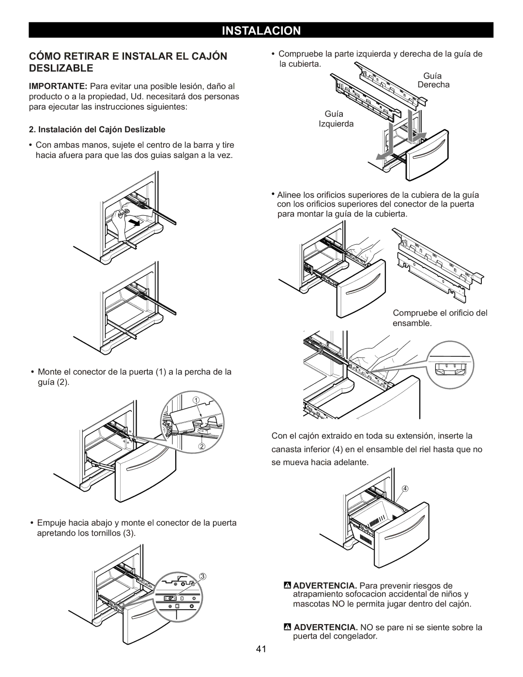 LG Electronics LFC23760 owner manual Instalación del Cajón Deslizable 