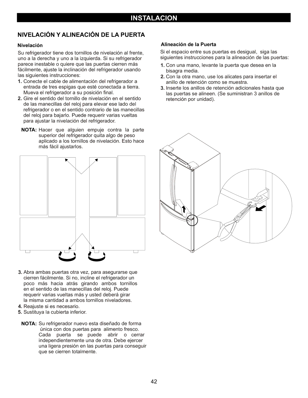 LG Electronics LFC23760 owner manual Nivelación Y Alineación DE LA Puerta, Alineación de la Puerta 