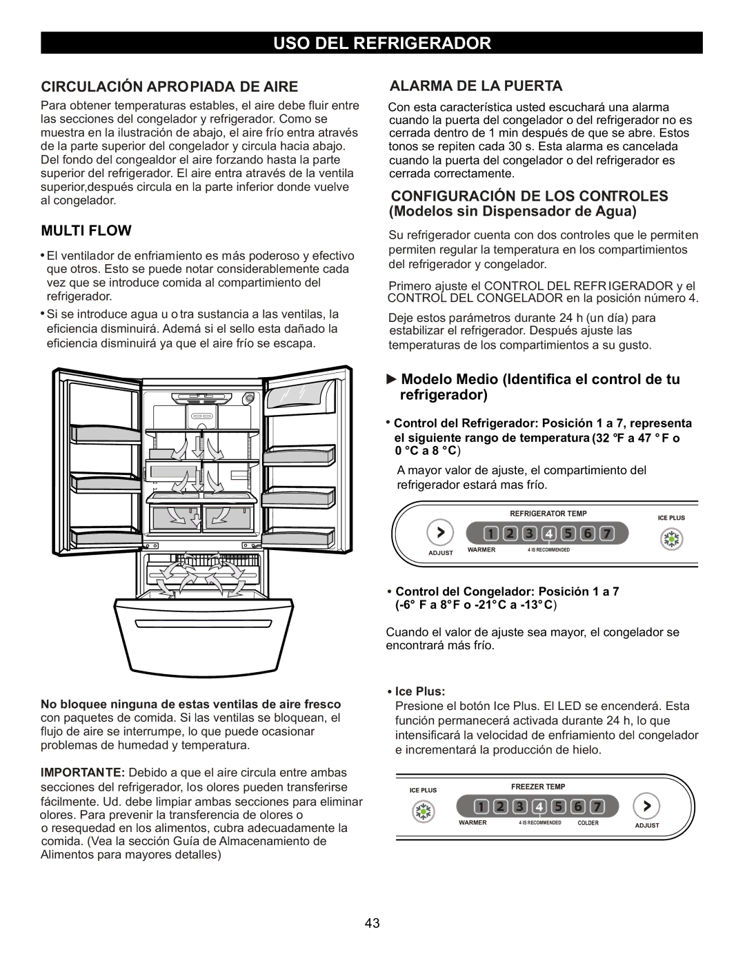 LG Electronics LFC23760 owner manual USO DEL Refrigerador, Circulación Apropiada DE Aire, Multi Flow, Alarma DE LA Puerta 