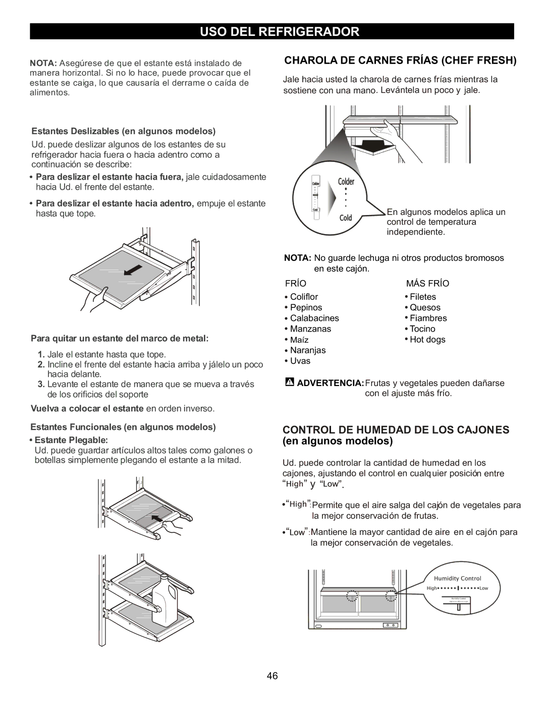 LG Electronics LFC23760 owner manual Charola DE Carnes Frías Chef Fresh, Estantes Deslizables en algunos modelos 