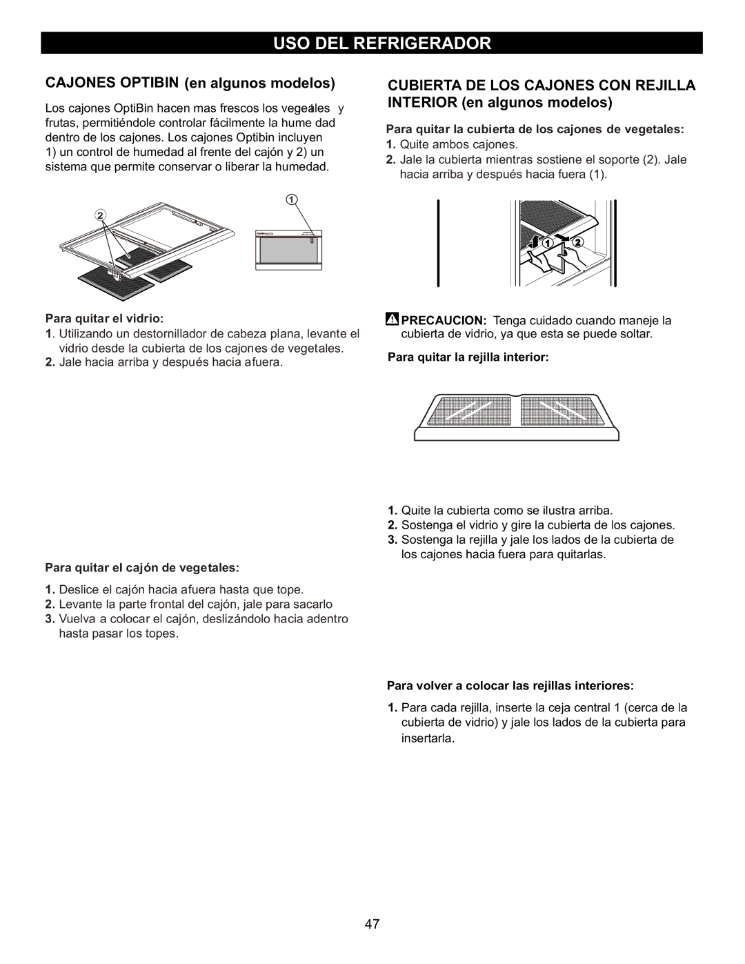 LG Electronics LFC23760 owner manual Cajones Optibin en algunos modelos, Cubierta DE LOS Cajones CON Rejilla 