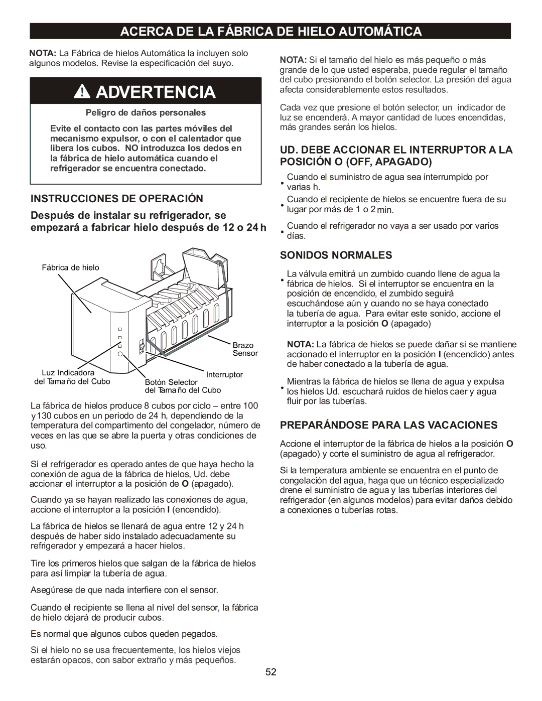 LG Electronics LFC23760 owner manual Acerca DE LA Fábrica DE Hielo Automática, Instrucciones DE Operación, Sonidos Normales 