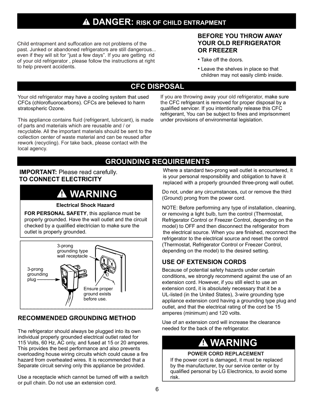 LG Electronics LFC23760 owner manual CFC Disposal, Grounding Requirements 