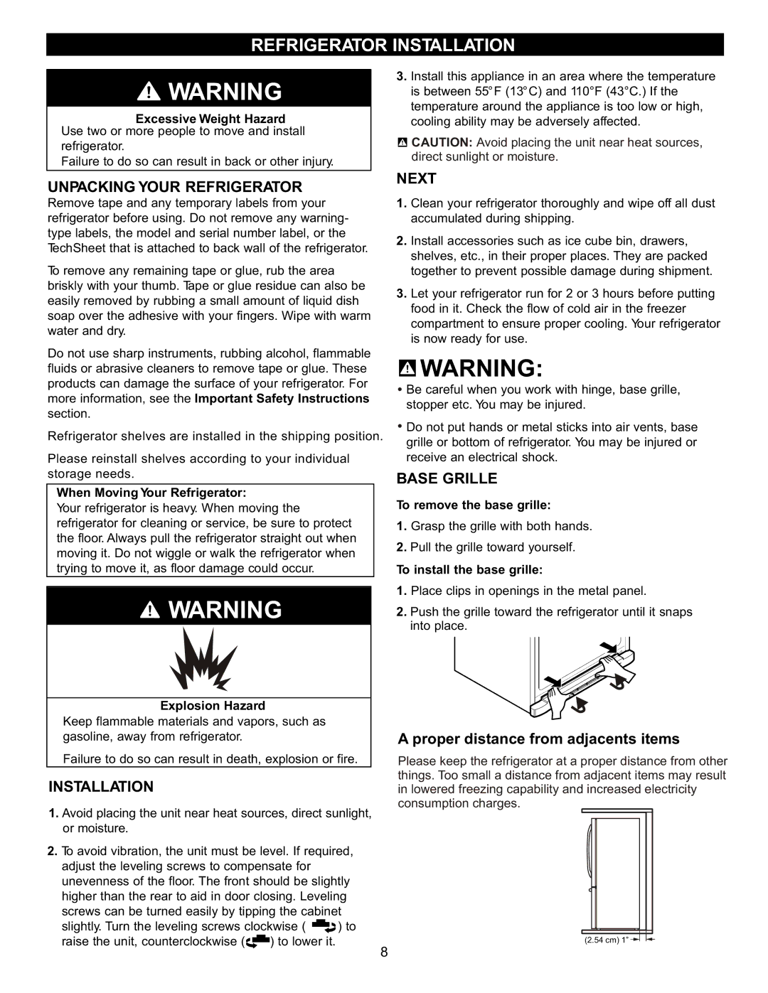 LG Electronics LFC23760 owner manual Refrigerator Installation, Unpacking Your Refrigerator, Next, Base Grille 