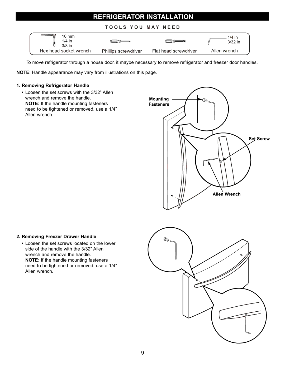 LG Electronics LFC23760 owner manual Removing Refrigerator Handle, Removing Freezer Drawer Handle 