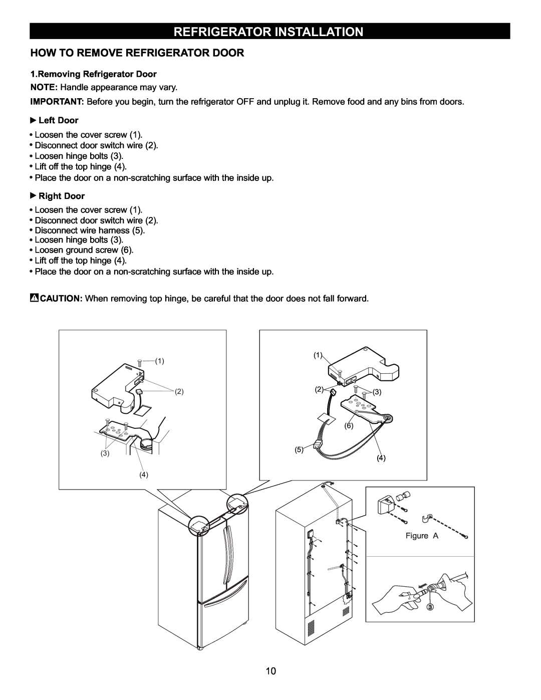 LG Electronics LFC23760 owner manual How To Remove Refrigerator Door, Refrigerator Installation, Left Door, Right Door 