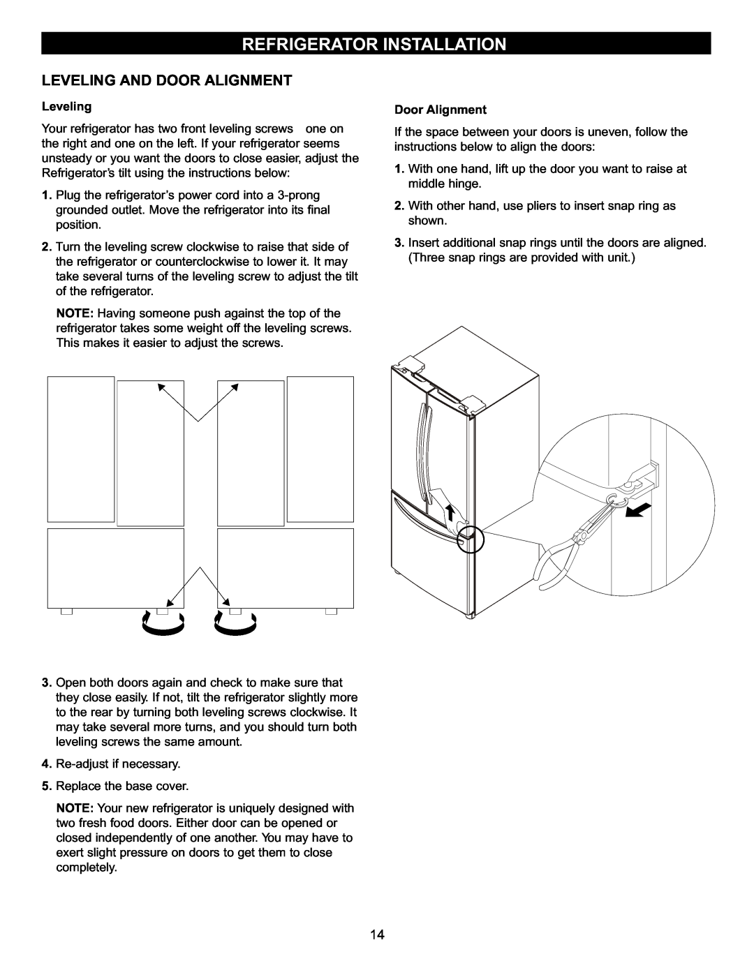 LG Electronics LFC23760 owner manual Leveling And Door Alignment, Refrigerator Installation 