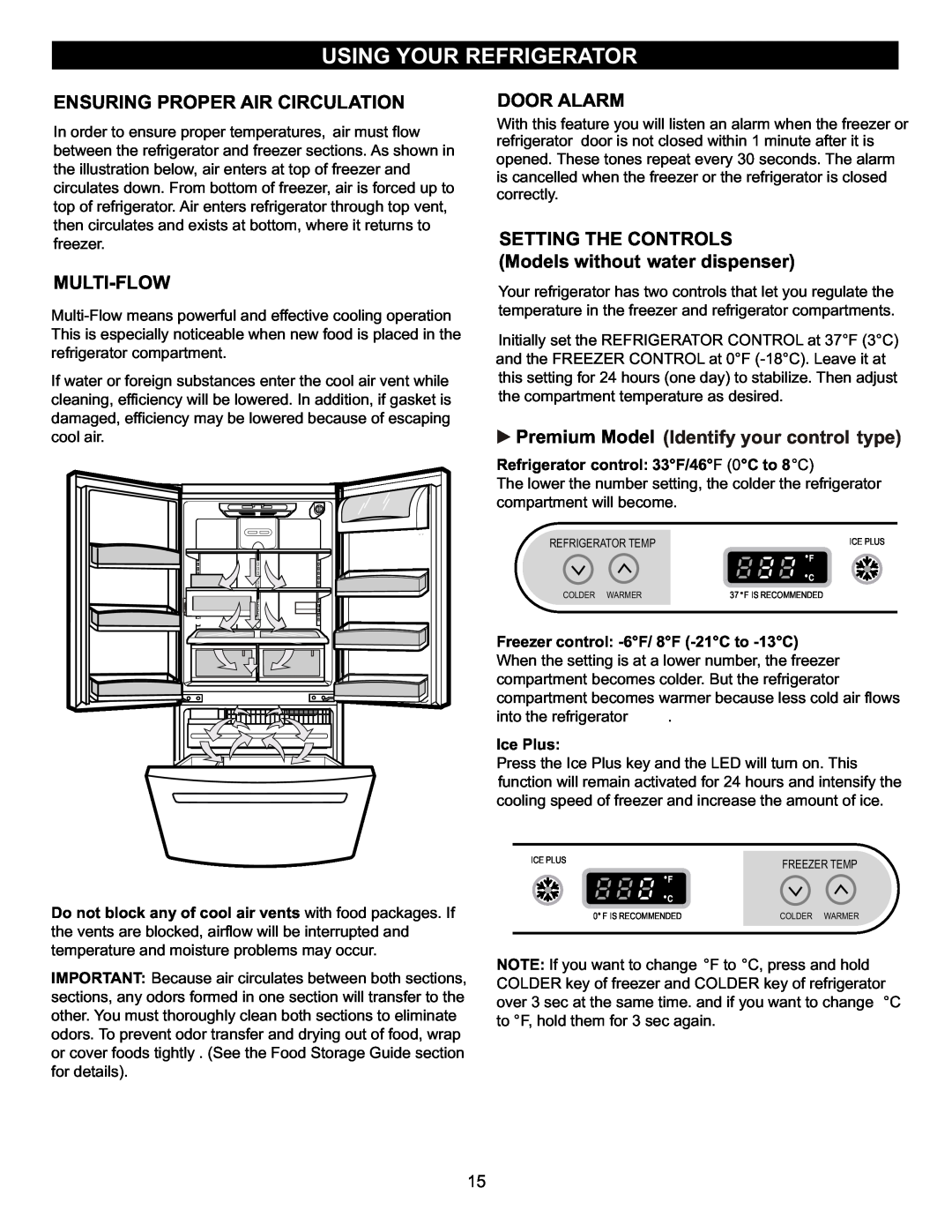 LG Electronics LFC23760 owner manual Using Your Refrigerator, Ensuring Proper Air Circulation, Multi-Flow, Door Alarm 