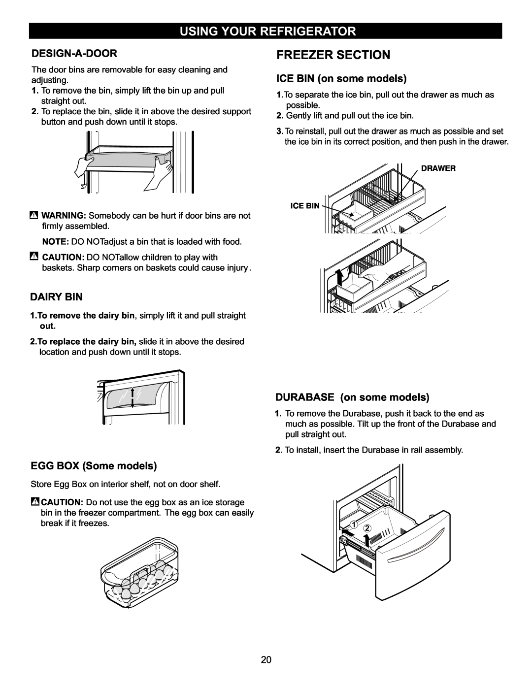 LG Electronics LFC23760 owner manual Freezer Section, Design-A-Door, Dairy Bin, ICE BIN on some models, EGG BOX Some models 