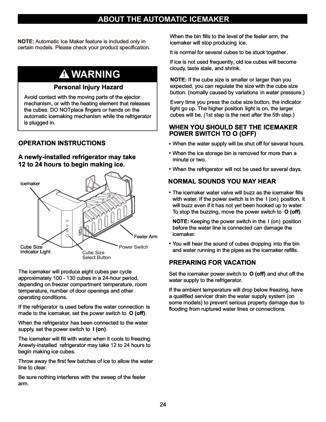 LG Electronics LFC23760 owner manual About The Automatic Icemaker, Personal Injury Hazard, Operation Instructions 