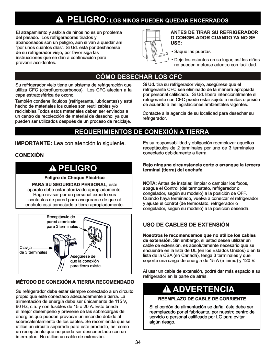 LG Electronics LFC23760 owner manual Peligro, Advertencia, Cómo Desechar Los Cfc, Requerimientos De Conexión A Tierra 