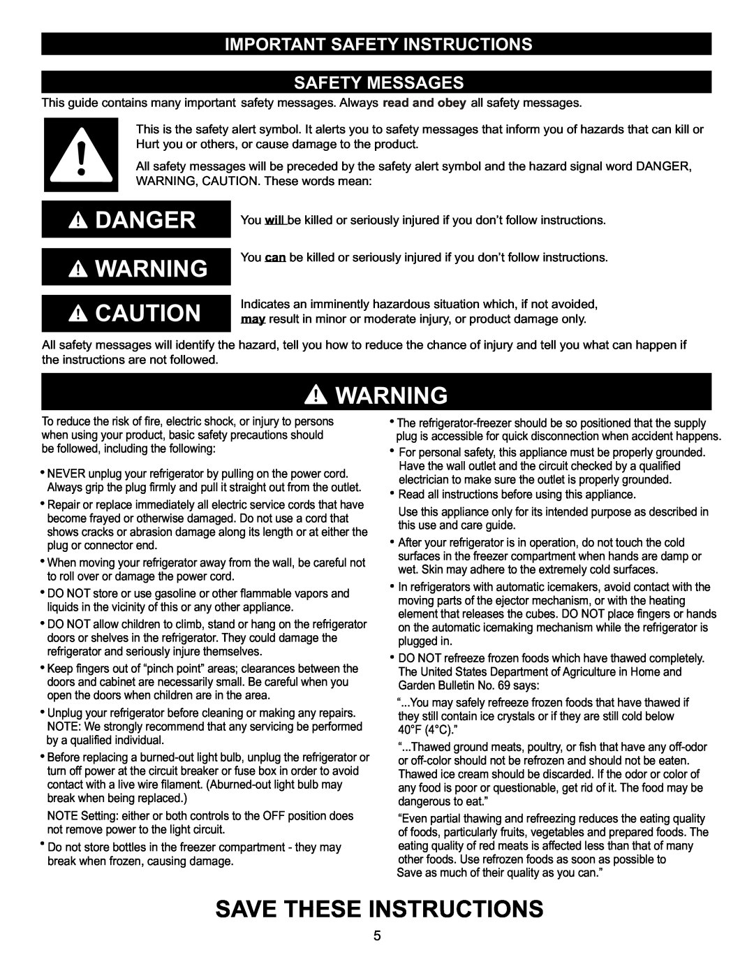 LG Electronics LFC23760 owner manual Danger, Important Safety Instructions Safety Messages, Save These Instructions 