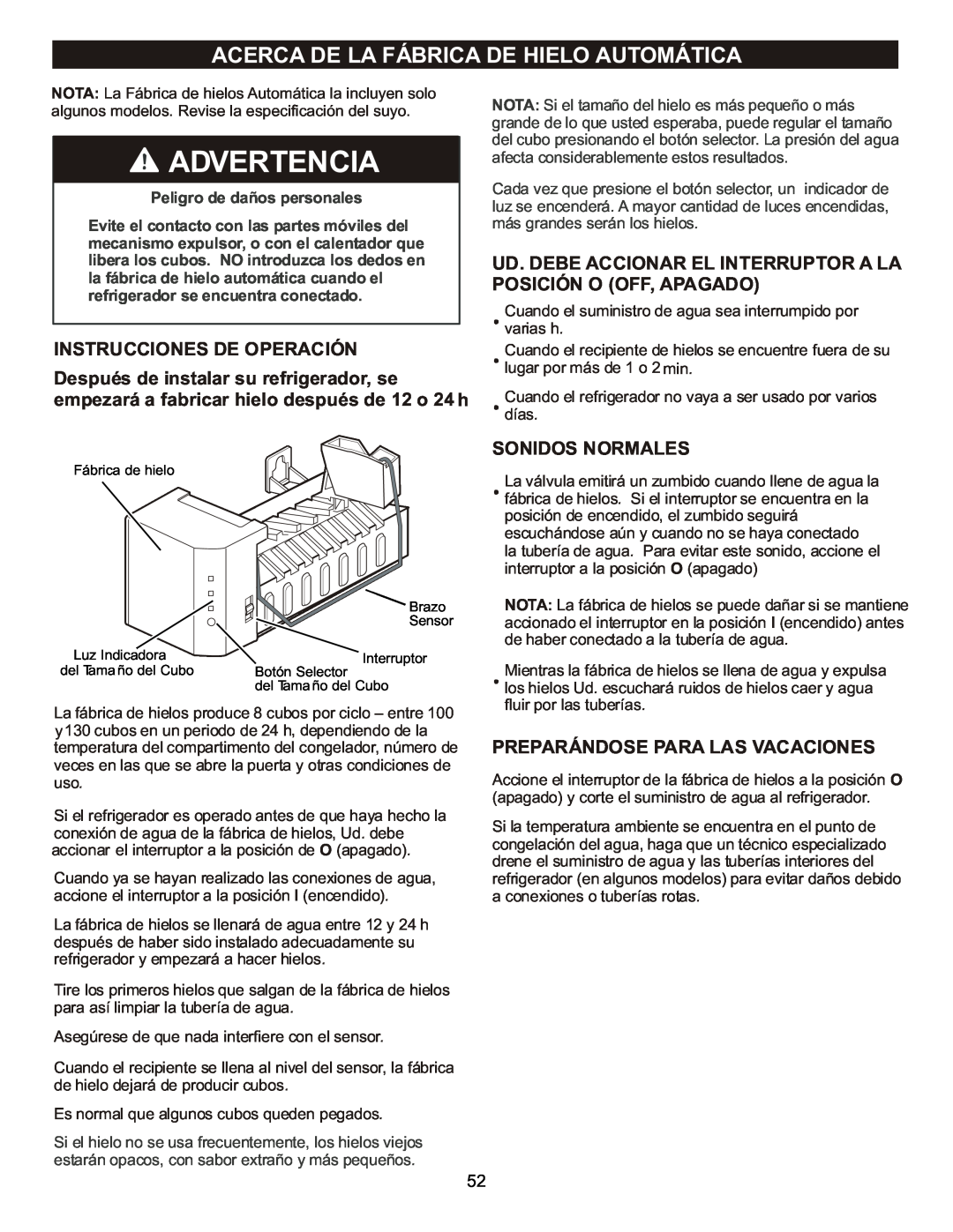 LG Electronics LFC23760 owner manual Acerca De La Fábrica De Hielo Automática, Instrucciones De Operación, Sonidos Normales 