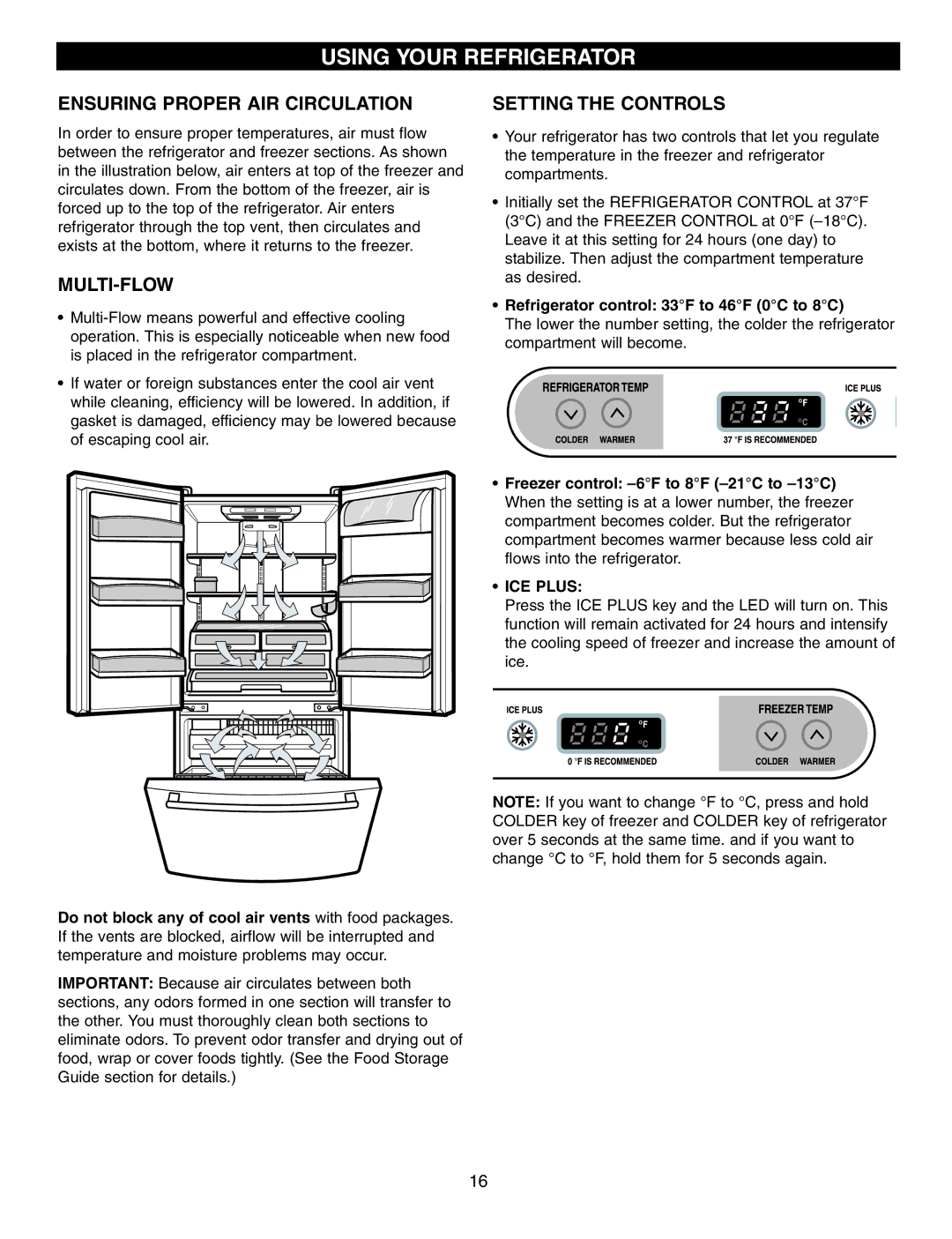 LG Electronics LFC25760 manual Using Your Refrigerator, Ensuring Proper AIR Circulation, Multi-Flow, Setting the Controls 